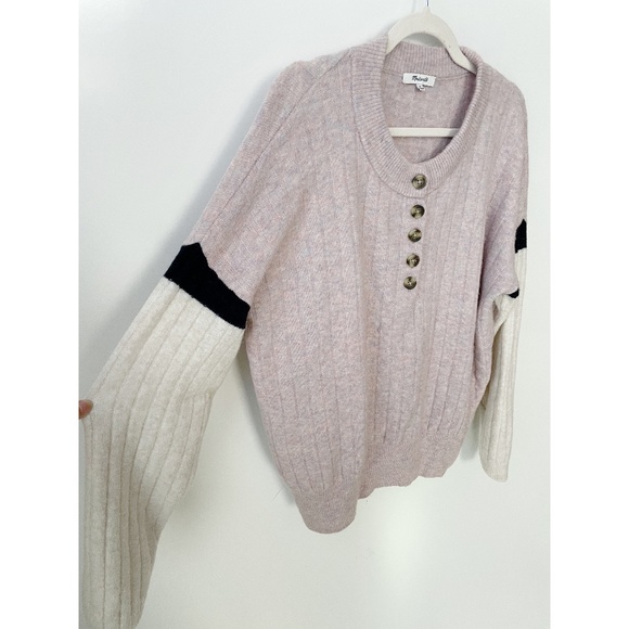 Madewell Striped Bowden Henley Alpaca Wool Sweater in Coziest Yarn Pink M - Picture 7 of 7